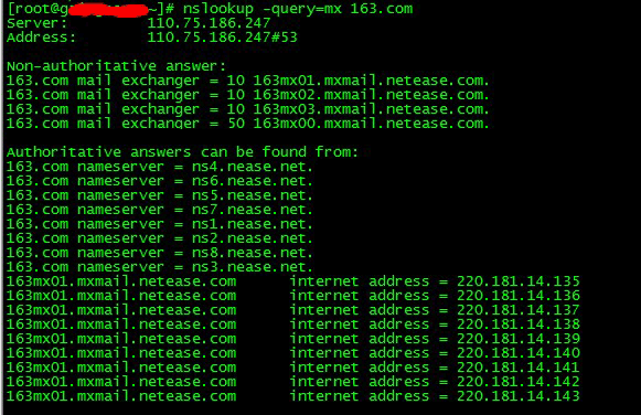 linux下nslookup操作实例，查找域名的a记录、mx记录、cname记录、ns记录