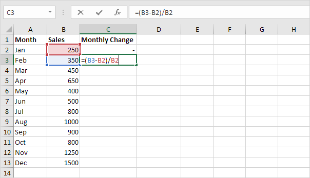 Excel中的百分比更改公式