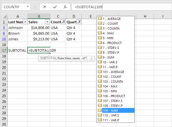 Excel中小计功能的第一个参数