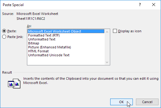 单击粘贴，Microsoft Excel工作表对象