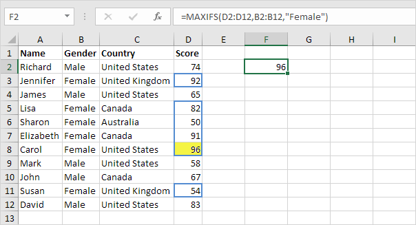 Excel中的MaxIfs函数，一个条件