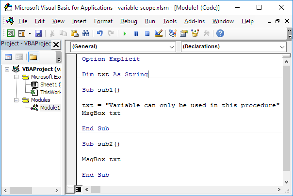 Excel VBA中的模块级别范围