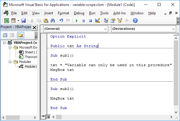 Excel VBA中的公共模块级别范围