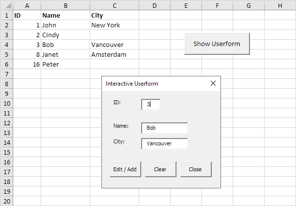 Excel VBA交互式用户表单