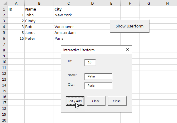 Excel VBA交互式用户表单